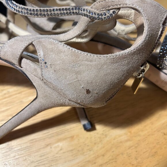 Authentic Jimmy Choo Taupe Bedazzled Suede Ankle Strap Zip Heels 38.5 US/8.5 - Picture 13 of 16